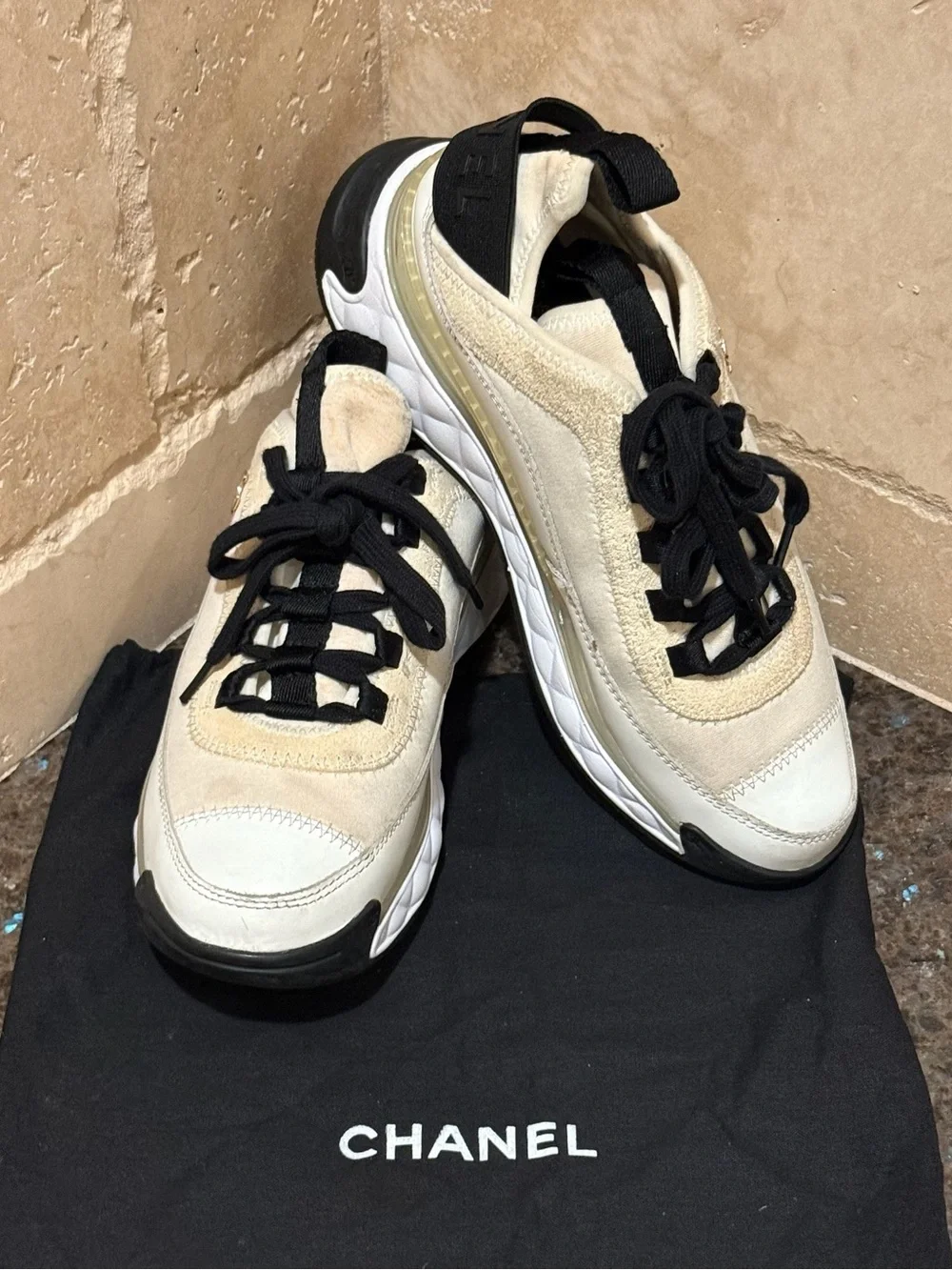 Chanel cream athletic logo sneakers